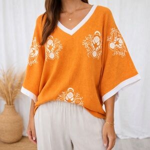 KENAR Sweater Top Embroidered Light Knit Orange White Kimono Sleeves SIZE SMALL